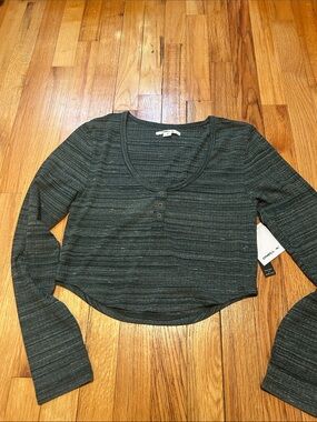 O'Neill Dark Green Heathered Henley Crop Long-Sleeve Top